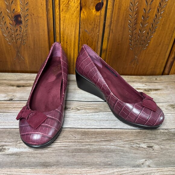 Vionic Shoes - Burgundy Faux Crocodile Skin Vionic Flats with Orthaheel Technology